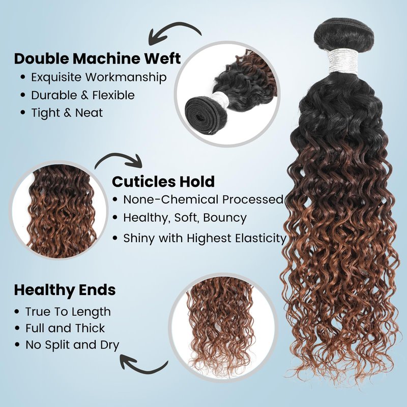 ALHER 12A Ombre Human Hair Bundles Water Wave, Soft Thick Chestnut Brown Ombre Single Curly Bundle Wet and Wavy 100% Virgin Remy Human Hair for Black Women #T1B/2/30 Dark Roots Auburn Sew In 14 Inch