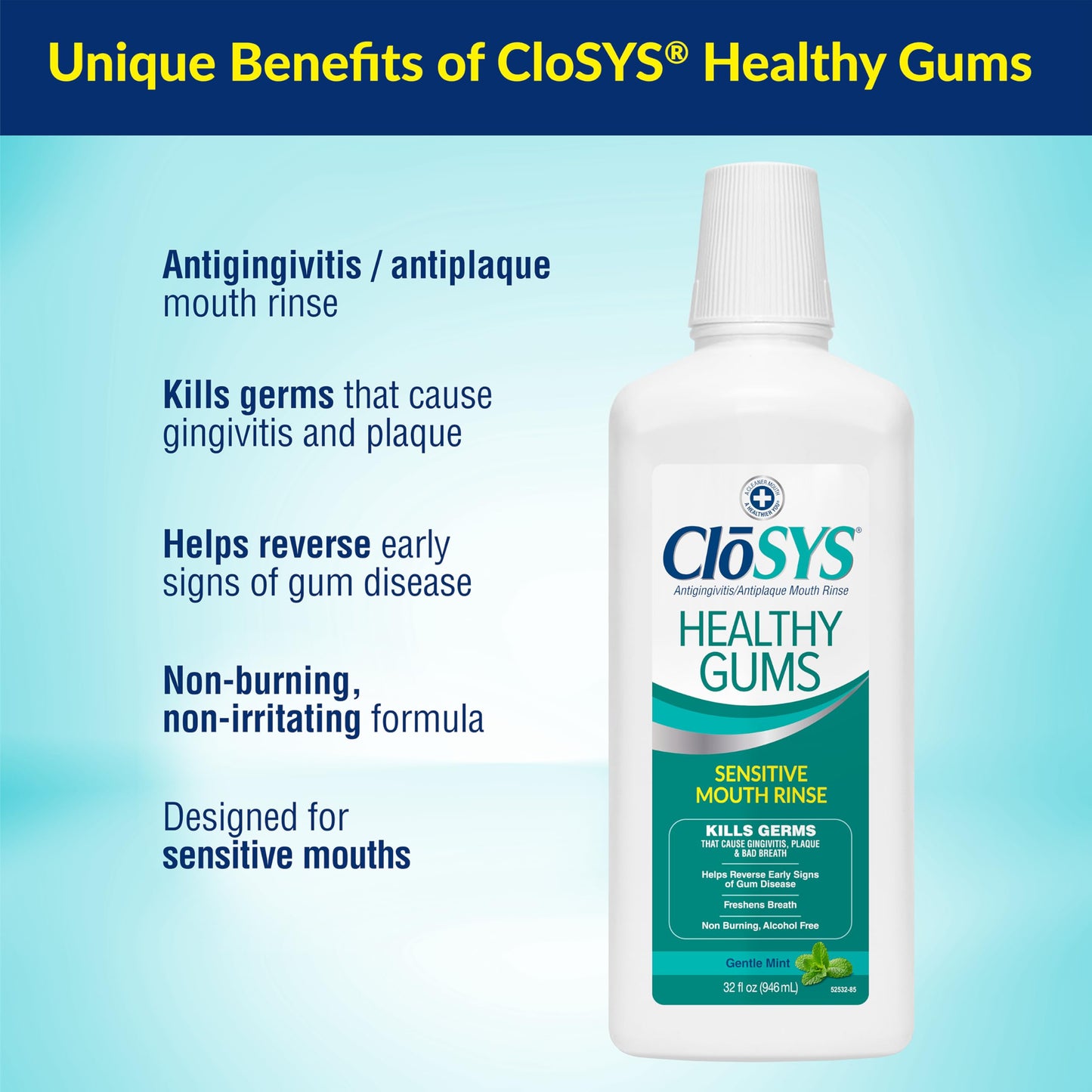 CloSYS Healthy Gums Mouthwash 32 Fl Oz, Pack of 3, Antiplaque, Anti-Gingivitis Mouthwash, Non-Burning, Non-Irritating