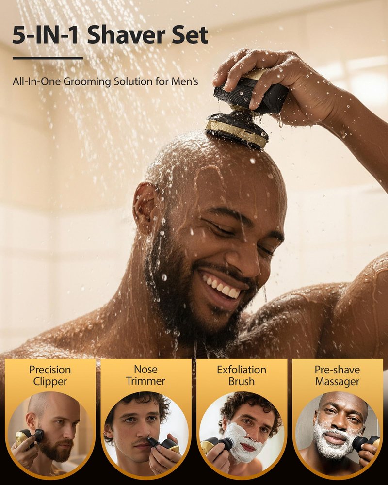 2026 NEW Head Shaver for Bald Men - Trimcoo 5-in-1 Magnetic Electric Trimmer with Titanium Blades | Gentle on Sensitive Scalp | IPX7 Waterproof, Powerful 8500 RPM, USB-C Charge & LED Display (Gold)