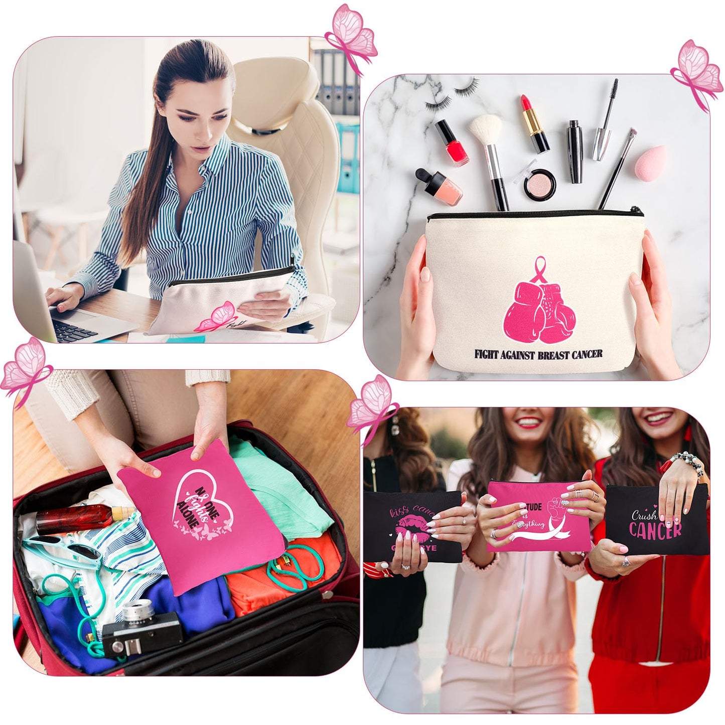 Xuniea Breast Cancer Awareness Bag Pink Ribbon Travel Makeup Pouch Breast Cancer Cosmetic Pouch Portable Canvas Breast Cancer Gift Bag for Vacation Travel Women Breast Cancer Awareness Party (24 Pcs)