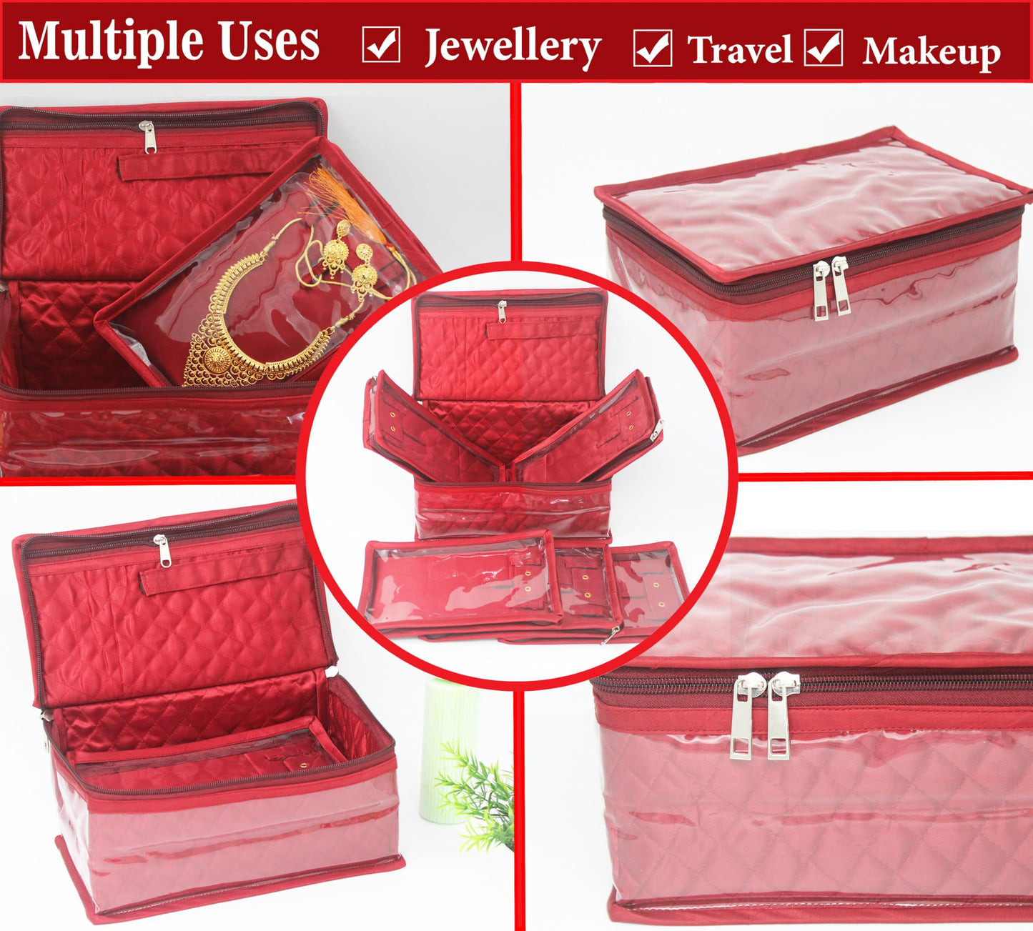 atorakushon Satin Makeup Pouches Cosmetic Necklace Earrings Jewellery Organizer For Women Maroon (Maroon)