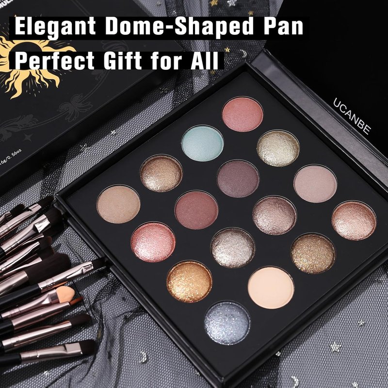 UCANBE Baked Eyeshadow Palette - 16 Color Natural Nude Matte & Shimmer | Includes 15PCS Brushes, High Pigment, Waterproof