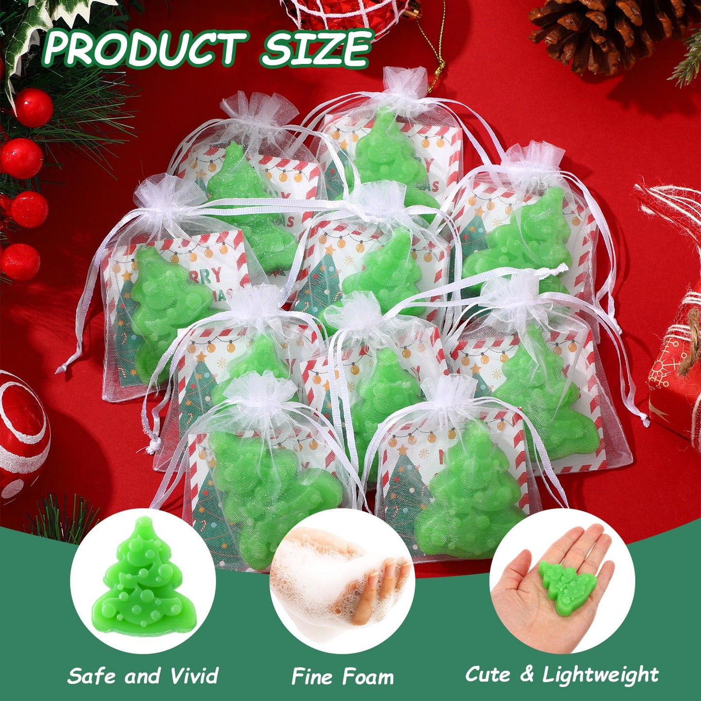 Leelosp 50 Sets Christmas Tree Soap Bar Gift Bulk Christmas Handmade Soaps with Card and White Organza Bags for Xmas Party Favors Gifts for Guests
