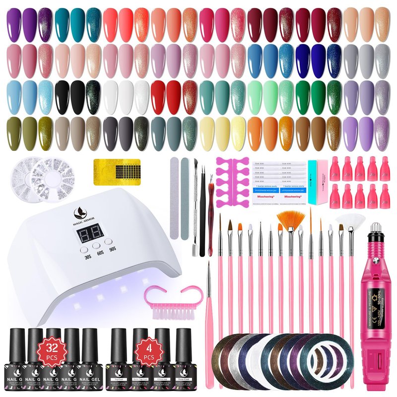 67Pcs Gel Nail Polish Kit with UV Light and Nail Drill Starter Kit- 32 Colors Nail Polish 4Pcs Top Base Coat and 15Pcs Nail Brush All in One Manicure Kit for Beginners DIY at Home Gifts for Women