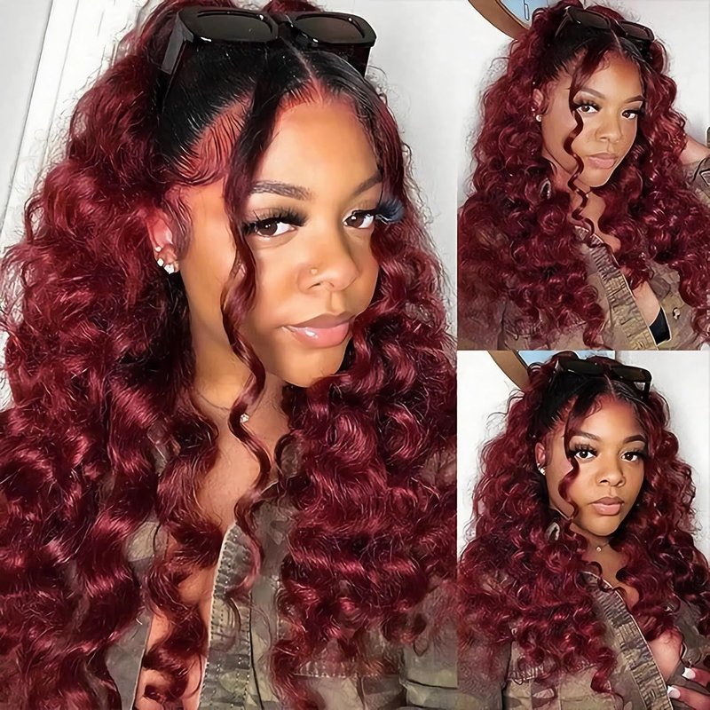 1b99j Burgundy Deep Wave Ombre Closure 4x4 Transparent Lace Closure Human Hair Unprocessed Brazilian Virgin Remy Hair High Density 2 Tone 1b/99j Wet And Wavy Deep Curly 18 Inch