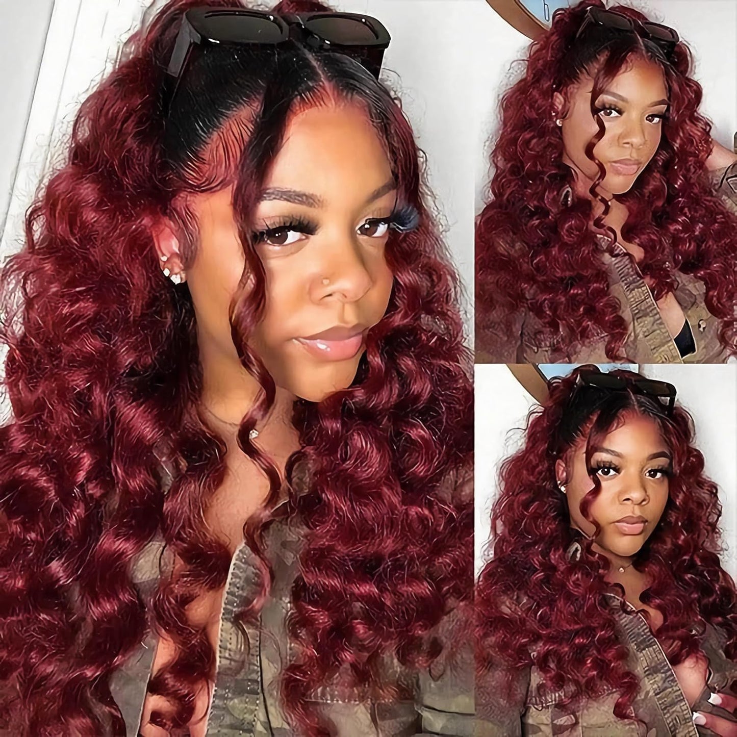 1b99j Burgundy Deep Wave Ombre Closure 4x4 Transparent Lace Closure Human Hair Unprocessed Brazilian Virgin Remy Hair High Density 2 Tone 1b/99j Wet And Wavy Deep Curly 18 Inch
