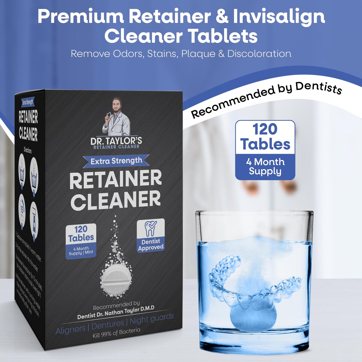 Dr. Taylor’s Denture and Retainer Cleaner Tablets (120 count) Effectively Removes Stains, Plaque, and Odor - Sports guards, Night Guards, Clear Aligners & Dentures Refreshing Mint Flavor