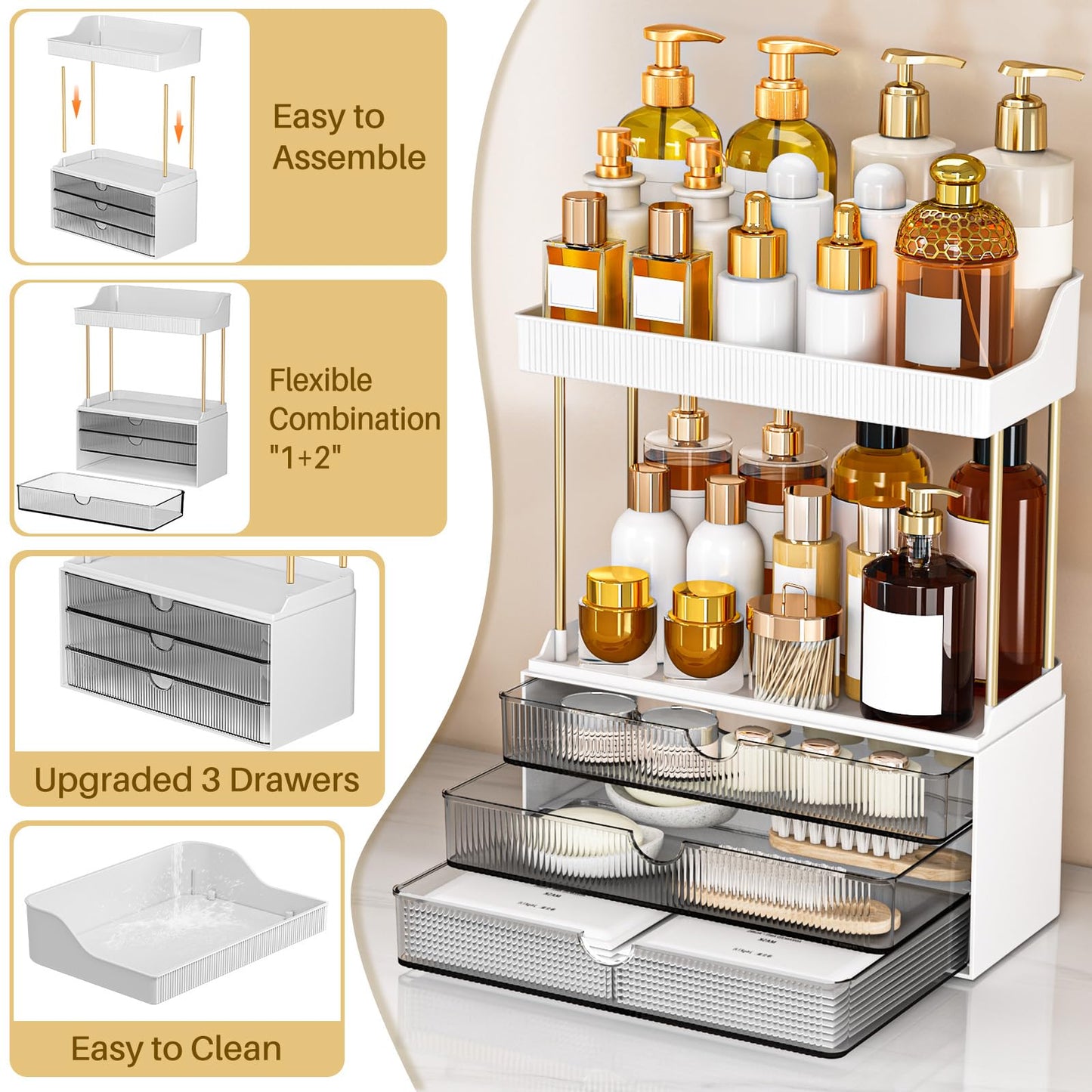 caktraie Bathroom Organizers and Storage - 3 Drawers 2 Tier Makeup Organizer, Cosmetic Storage Drawer for Dresser Countertop and Bathroom Vanity for Large Skincare, Perfume, Grey