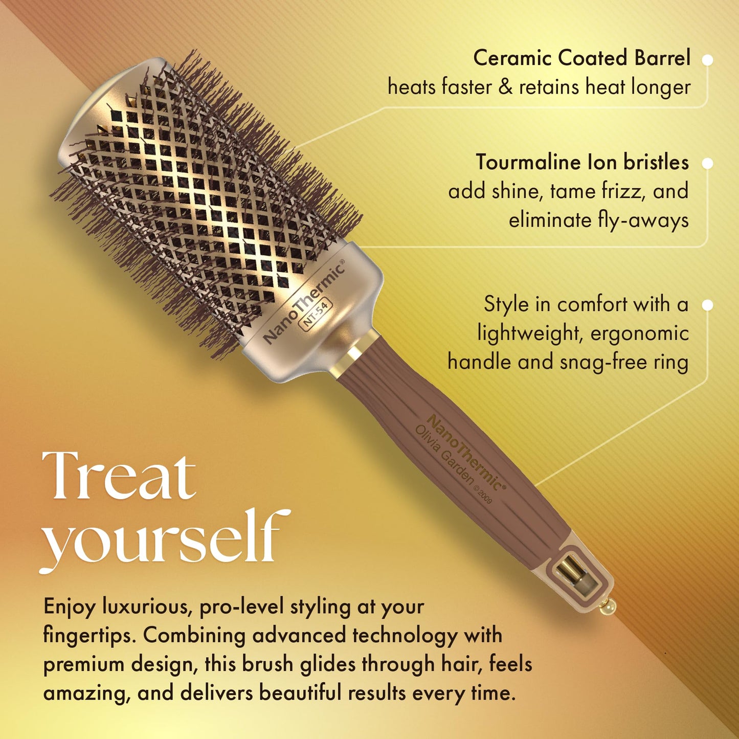 Olivia Garden NanoThermic Ceramic + Ion Round Thermal Hair Brush - Not Electrical - Professional Blowout Brush for Normal to Thick Hair, NT-54 2 1/8"