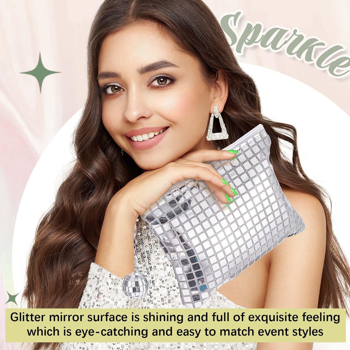 Locmeo 12 Pack Disco Party Favor Bags Bachelorette Sparkly Makeup Sequin Bag Portable Glitter Cosmetic Purse with Disco Keychain for Bachelorette Wedding Birthday 70s Retro Party Decorations (Silver)