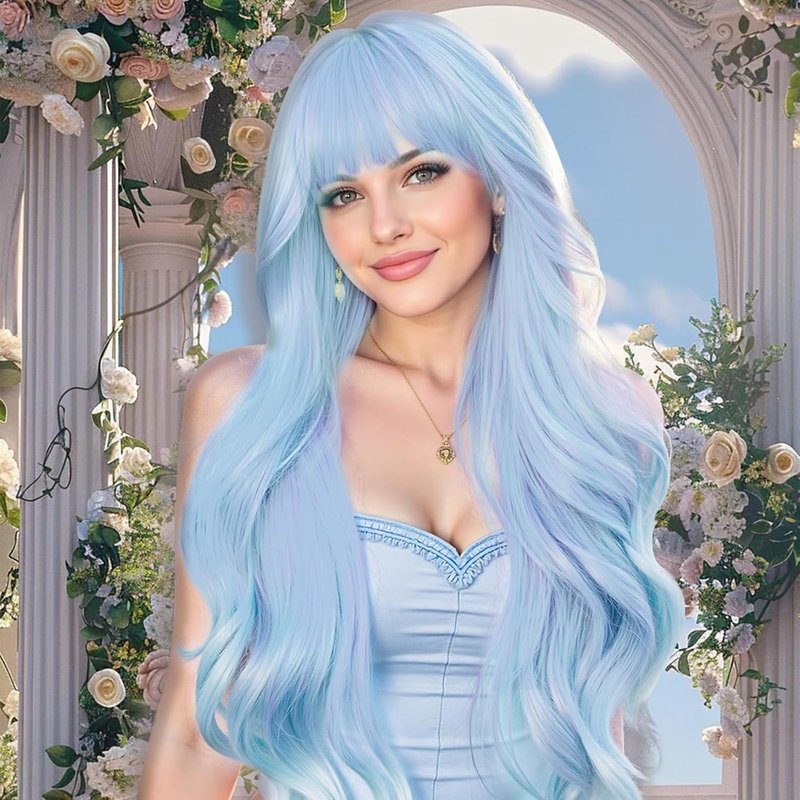 NOSTALGIA Blue Wigs for Women - 26 Inch Long Wavy Synthetic Wig with Bangs | Heat Resistant for Daily Cosplay