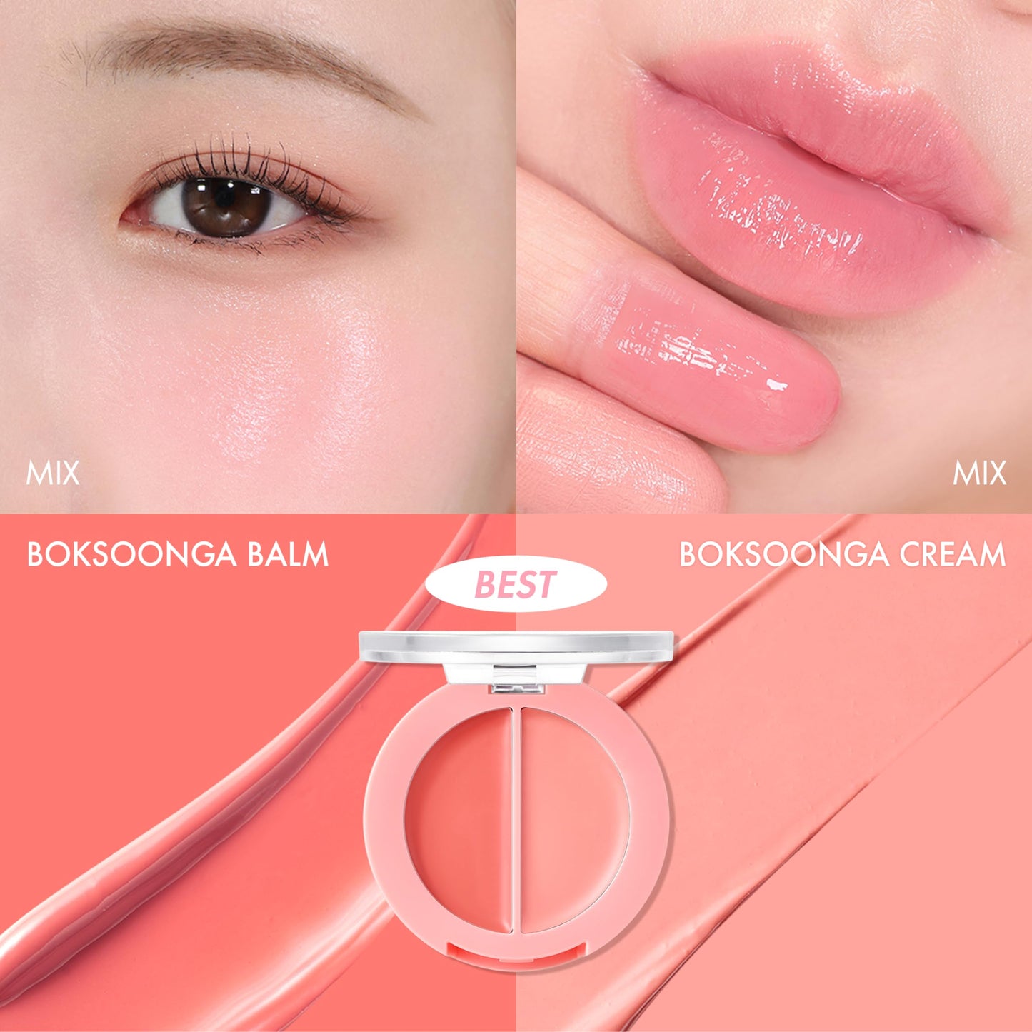 AMUSE SEOUL Lip and Cheek Healthy Balm (01 BOKSOONGA) - Multiuse Buildable Cream & Balm Blush, Glossy Creamy Texture, Natural Flush, 2 Colors, Lightweight, Vegan, Korean Beauty Makeup
