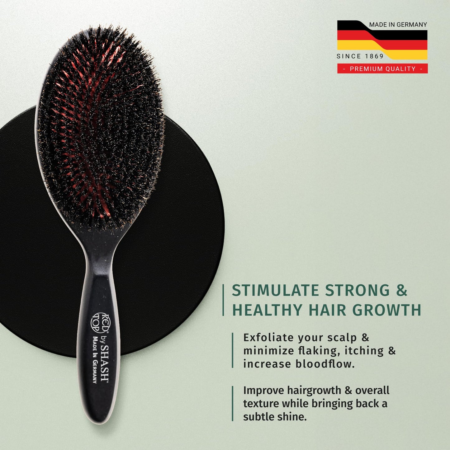SHASH 100% First Cut Boar Bristle Hair Brush, Suitable For FINE TO THIN HAIR TYPES ONLY - Naturally Conditions Hair, Improves Texture, Exfoliates, Stimulates, Made in Germany (Black, Large)