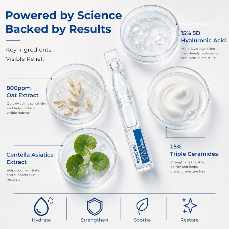 SKINERSE Intensive Repair Serum, 15%Hyaluronic Acid for Sensitive Skin Anti Aging Ultra Hydrating Serum for Face Calming Barrier Repair Redness Relief with Ceramides Centella 30Vials Daily Travel Care