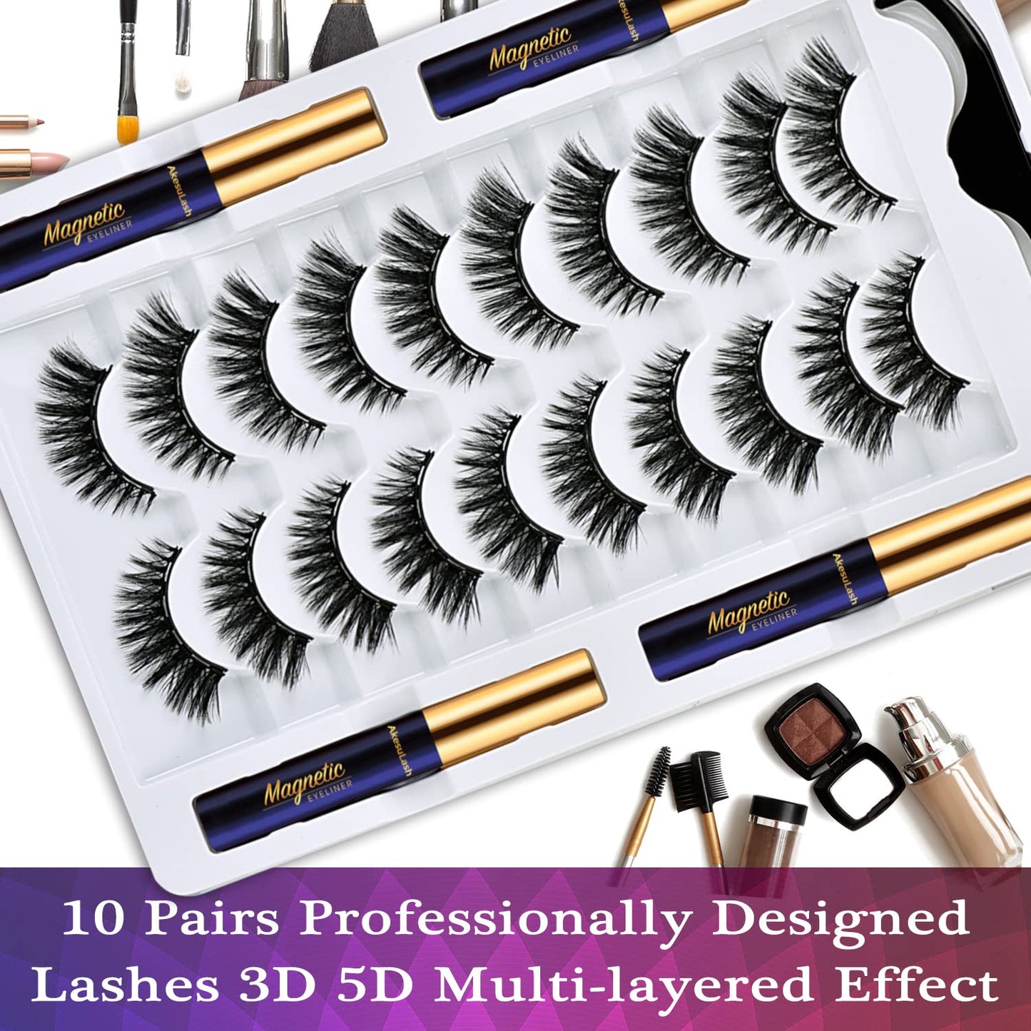 AkesuLash Eyelashes Magnetic Lashes with Eyeliner,10 Pairs Reusable Full Volume Cat Eye Magnetic Eyelash kit with Applicator - Upgraded Long Lasting,Natural Looking,- Easy Magnetized Eyelash