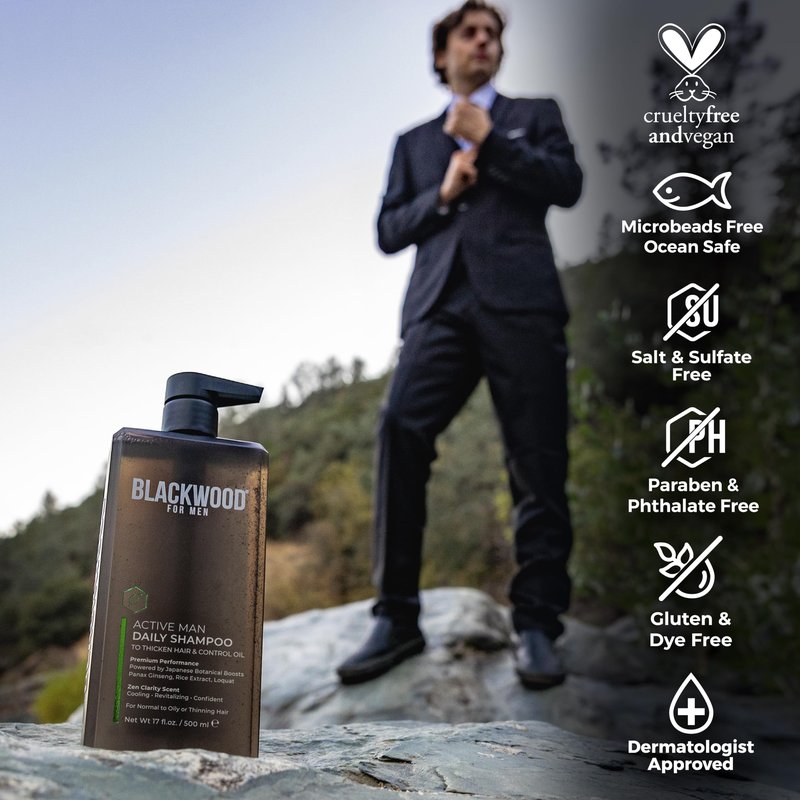 BLACKWOOD FOR MEN Active Man Daily Shampoo - Thickening & Clarifying Shampoo for Normal to Oily Hair or Scalp - Fights Hair Loss - Natural Vegan Formula - Sulfate Free with Ginseng & Aloe Vera (17oz)
