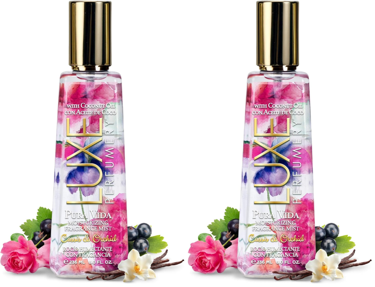 Luxe Perfumery Pura Vida Moisturizing Body Mist, Cassis/Orchid, 8 Fl Oz, pink, (38949981203-Parent) (Pack of 2)