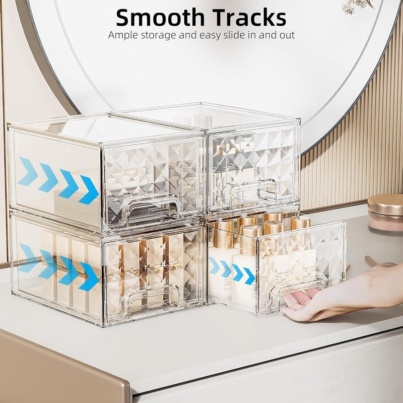 Delamu Stackable Storage Drawers - Clear Makeup & Skincare Organizer | 8 Pack for Vanity, Desk, Kitchen, Pantry