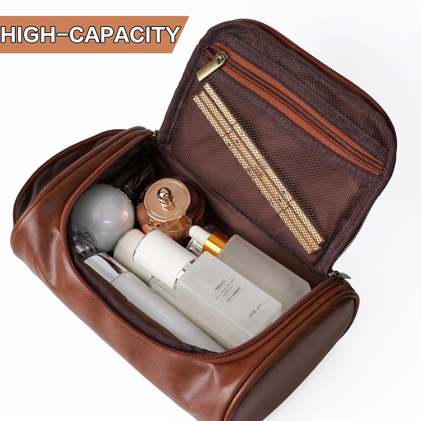 Travel Toiletries Bag for Men - Water-Resistant Dopp Kit | PU Leather Shaving Pouch Organizer, Multi-Compartment Design