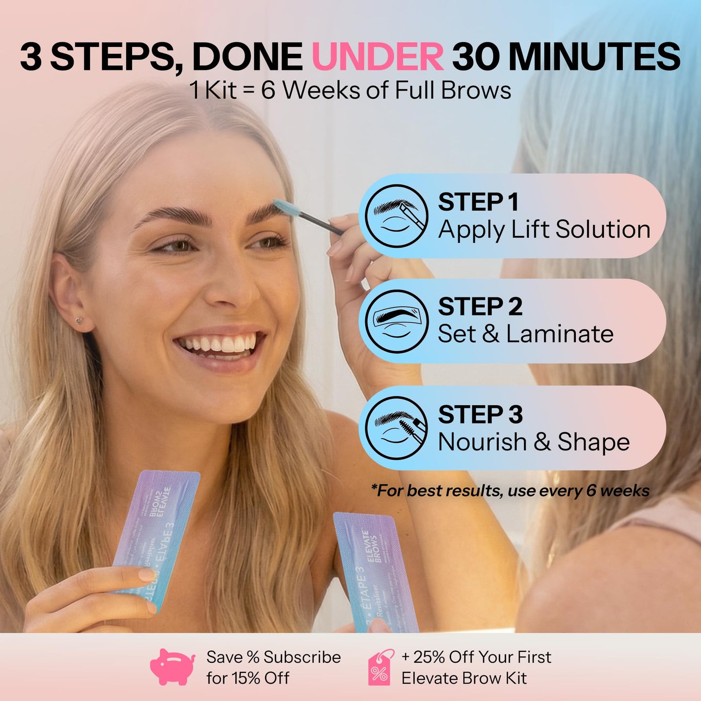 Elevate Brows The Original Brow Lamination Kit - Thio and Ammonia-Free - DIY Eyebrow Lamination Kit Professional - 3 Step Application Eyebrow Lift for Soft Full Healthy Brows - Last up to 6 Weeks