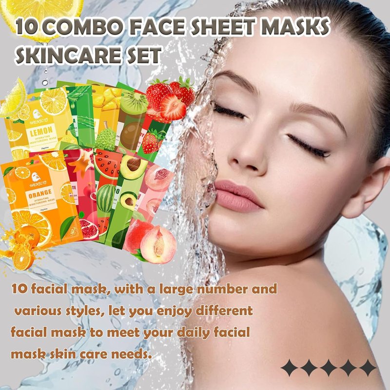 10 Combo Face Sheet Masks - Hydrating Skincare Set for Women & Men | Moisturizing Facial Mask Gift Kit