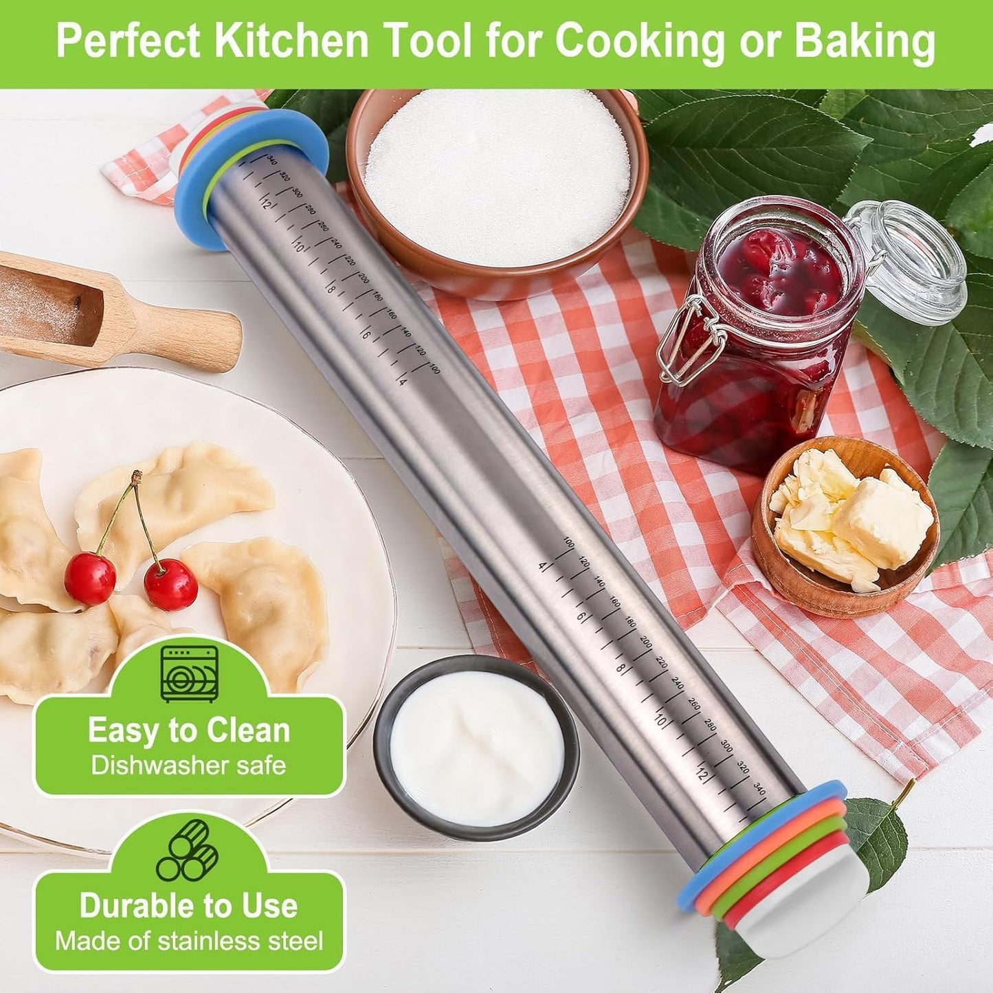 liboyixi Rolling Pin and Pastry Baking Mat Set, 17-inch Rolling Pins with Adjustable Thickness Rings, Stainless Steel Dough Roller for Baking Fondant, Pizza, Pie, Pastry, Pasta, Cookies (Red)