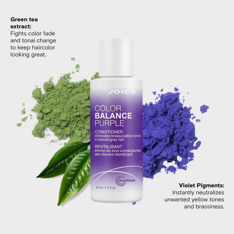 Joico Color Balance Purple Conditioner, 1.7 Fl Oz, For Cool Blonde, Gray Hair, Eliminates Brassy Yellow Tones, Boosts Vibrancy & Shine, UV Protection, With Rosehip Oil & Green Tea Extract