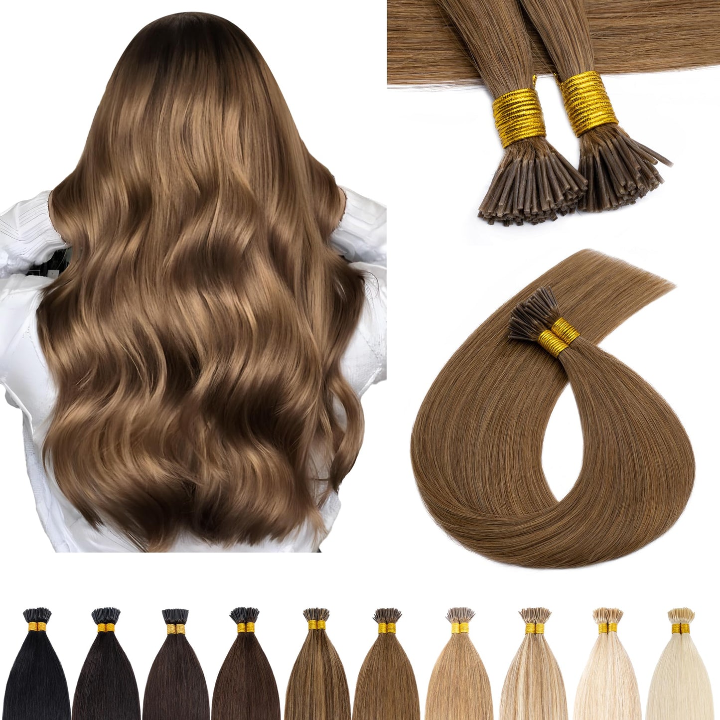 SEGO I Tip Hair Extensions Human Hair Keratin Pre Bonded MicroBeads Tip Balayage Natural Silky Straight Extensions 100 Strands 50g/Pack -16 Inch Light Brown