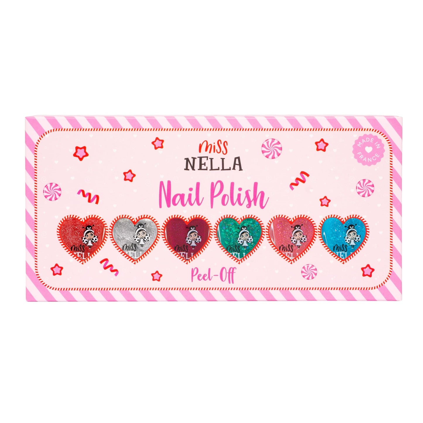 MISS NELLA Christmas Glitters Special Glitter Kids Nail Polish 6 Pack: red, pink, silver, green, blue and burgundy Peel-off Water Based Formula