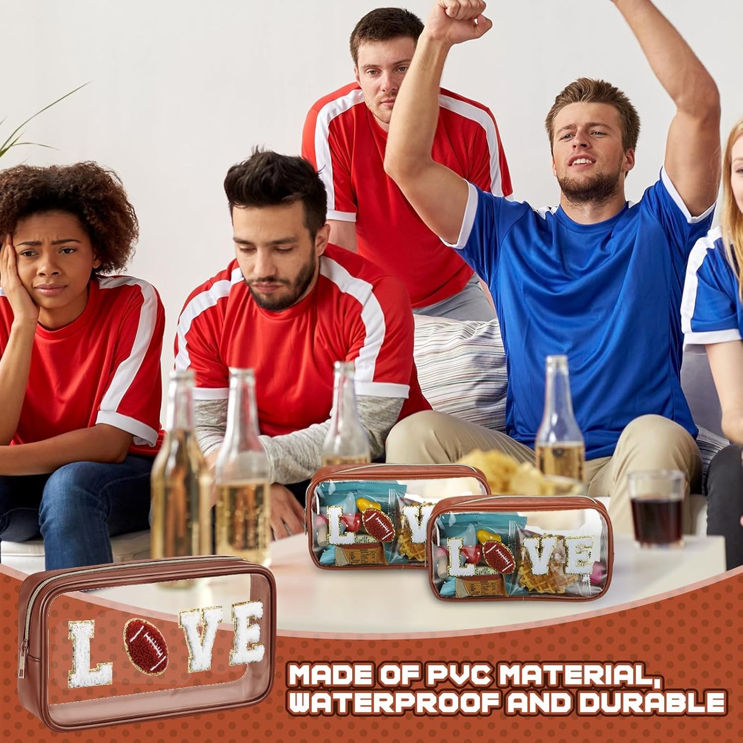 Football Gifts - 6 Pcs Clear Makeup Bag Set with Chenille Letter Patch | Waterproof PVC Organizer for Sports Party Favors