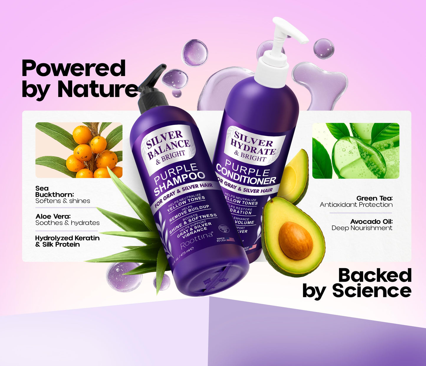 ROOTTINA Sulfate Free Brass Toning Purple Shampoo and Conditioner Set for Grey and Silver Hair, Moisturizing & Color-Safe, Enhances Shine & Brightness, Made in USA, (16 fl oz each)
