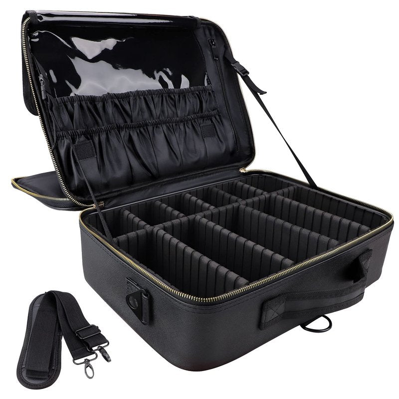 JOURMON Travel Makeup Train Case,Large Capacity Cosmetic Bags for Women,Portable Makeup Bag Organizer with Adjustable Dividers & Shoulder Strap(Black, L)