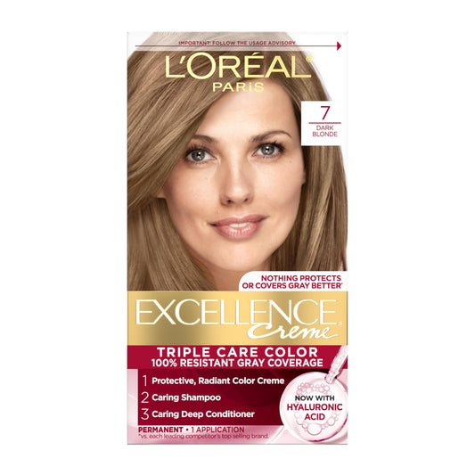 L'Oreal Paris Excellence Crème Permanent Hair Dye, Triple Care Hair Color with Hyaluronic Acid for 100% Gray Coverage, 7 Dark Blonde, 1 Kit (Packaging May Vary)