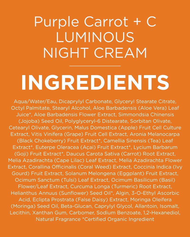 Andalou Naturals Purple Carrot + Vitamin C Luminous Skin Night Cream - Hydrating Face Moisturizer - With Fruit Stem Cell Complex for Radiant Skin - 1.7 fl oz
