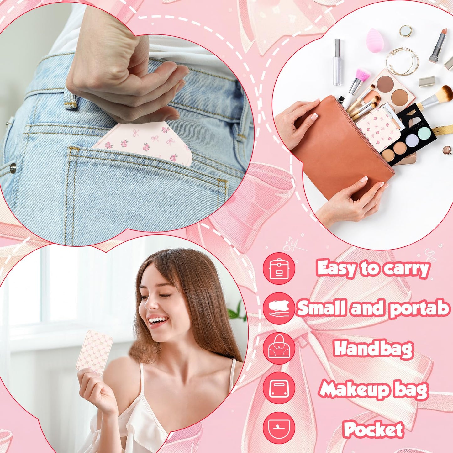 Geelin 12 Pcs Compact Mirror Bulk Mini Pocket Mirrors for Women Travel Folding Mirror Portable Hand Mirrors for Graduation Party Gift Camping Office Home(Pink Bow)