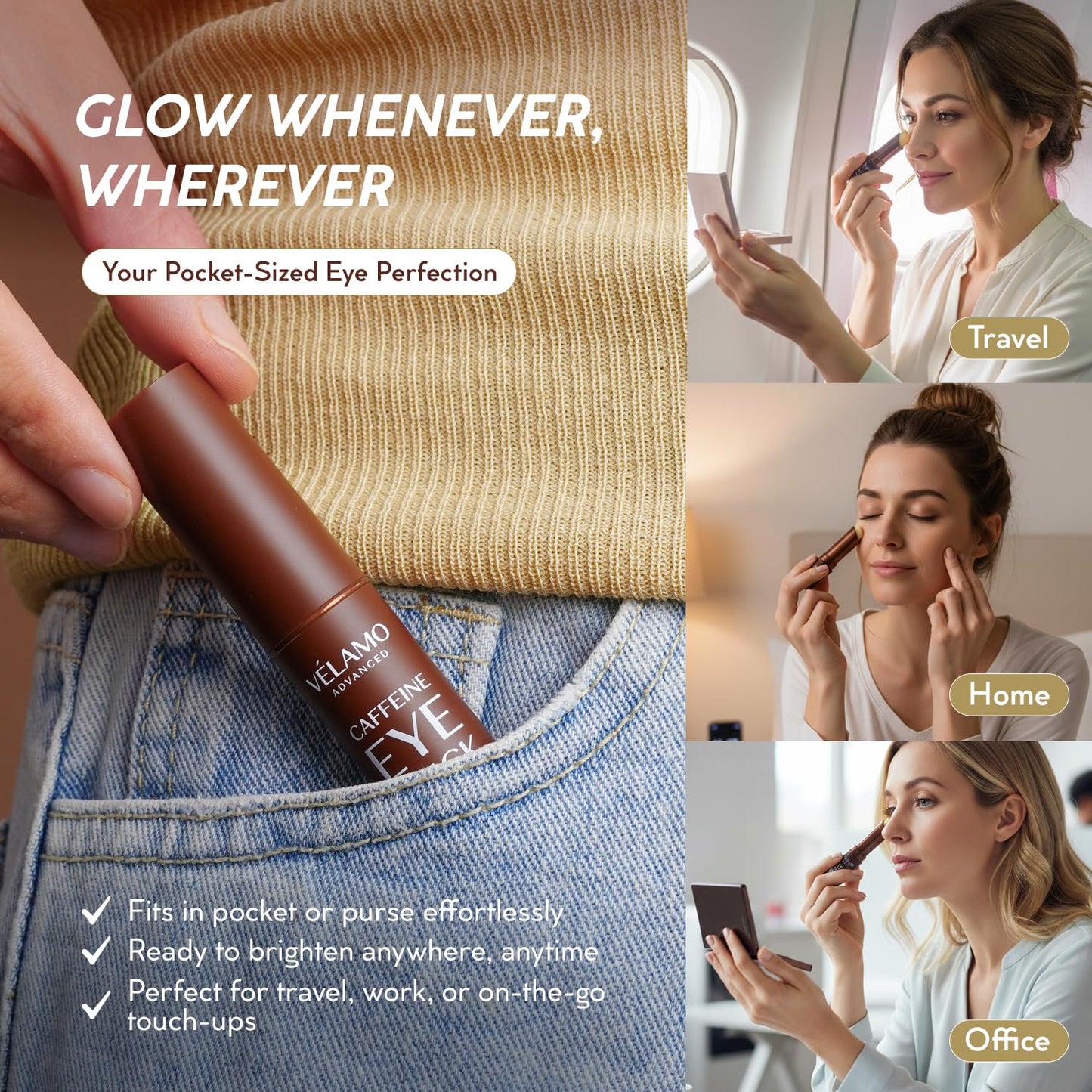 VELAMO ADVANCED Caffeine Eye Stick: Energizing & Hydrating Under Eye Balm for Dark Circles & Puffiness - Travel Essentials, Portable & Perfect for On-the-go Use, 0.1 OZ/3g 2 Pcs