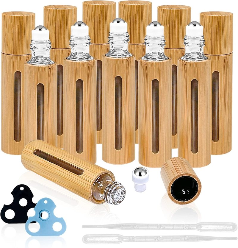 Bamboo Roll-On Bottles for Essential Oils - 12Pcs 10ml Refillable Set with Stainless Steel Rollers & Funnels