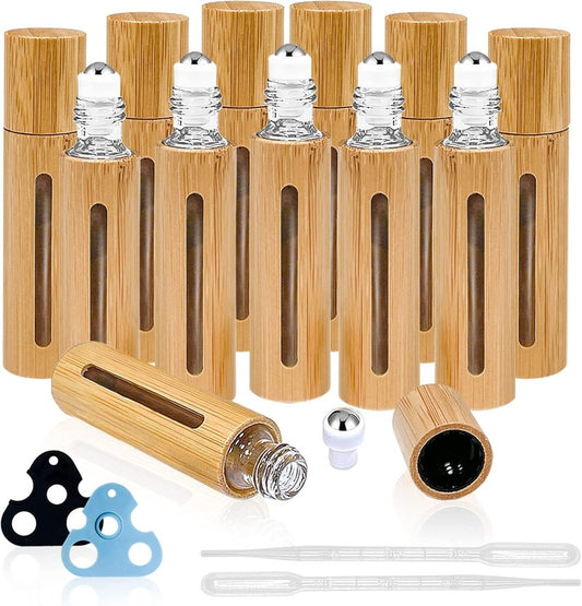 Bamboo Roll-On Bottles for Essential Oils - 12Pcs 10ml Refillable Set with Stainless Steel Rollers & Funnels