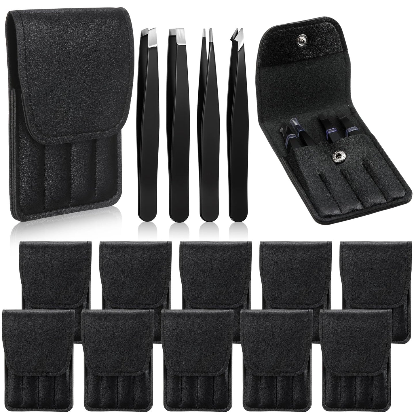 Lasnten 12 Sets Eyebrow Tweezers Set and Curved Scissors, 4 in 1 Professional Stainless Steel Tweezers for Women and Men, Splinter and Ingrown Hair Removal with Travel Case(Black)