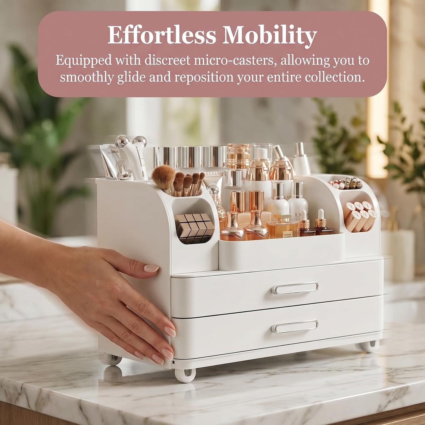 Makeup Organizer with 2 Drawers, Cosmetic Display Case, Storage Holder for Vanity, Bathroom Counter, Desk, Beauty Supplies (All White)