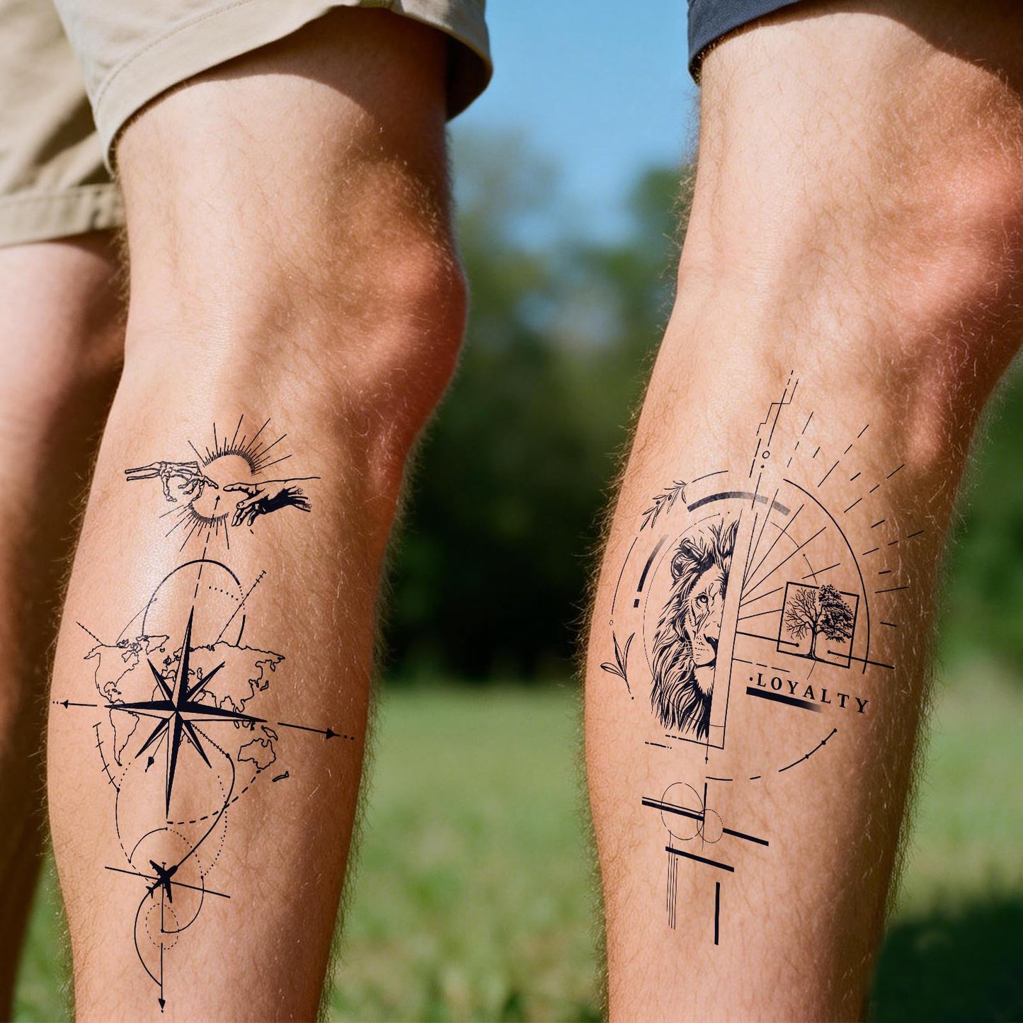 UBICA Semi Permanent Tattoos, 2 Sheets Large Realistic Compass World Adventure & Lion Head Loyalty Temporary Tattoos for Men, 2 Weeks Arm Thigh Calf Fake Tattoos, Waterproof & Non-Reflective Tattoos
