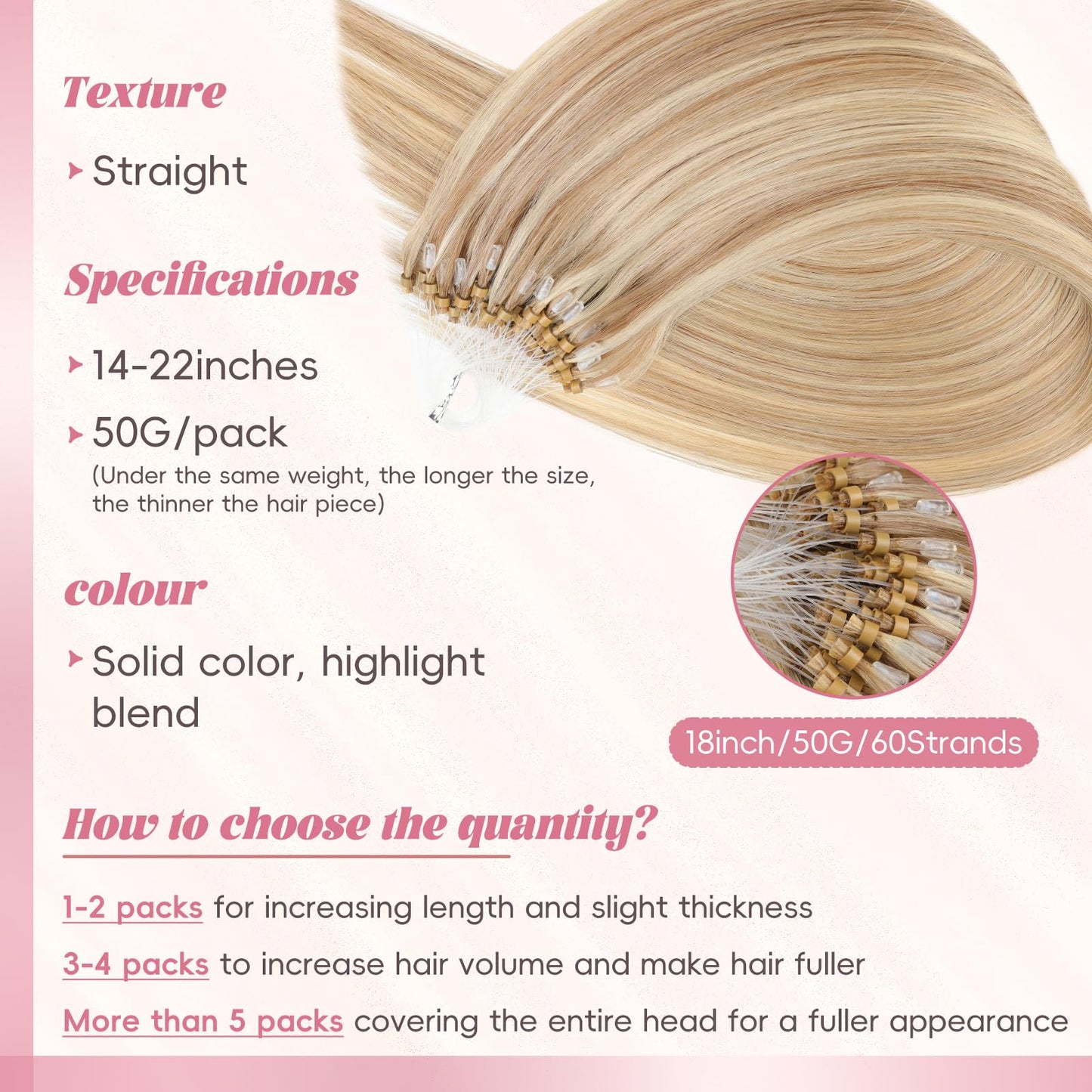 Eliysako Microlink Hair Extensions Human Hair 50g/pack Golden Brown mix Bleach Blonde 18inch Micro Loop Microbead Hair Extensions Real Smooth Human Hair Cold Fusion