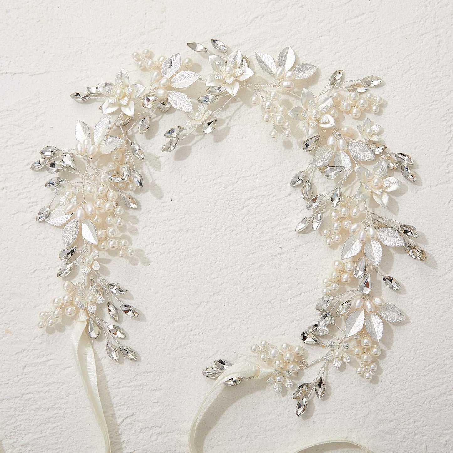 SWEETV Handmade Rhinestone Wedding Headband Flower-Leaf Bridal Headpieces for Wedding Pearl Hair Accessories (Silver)
