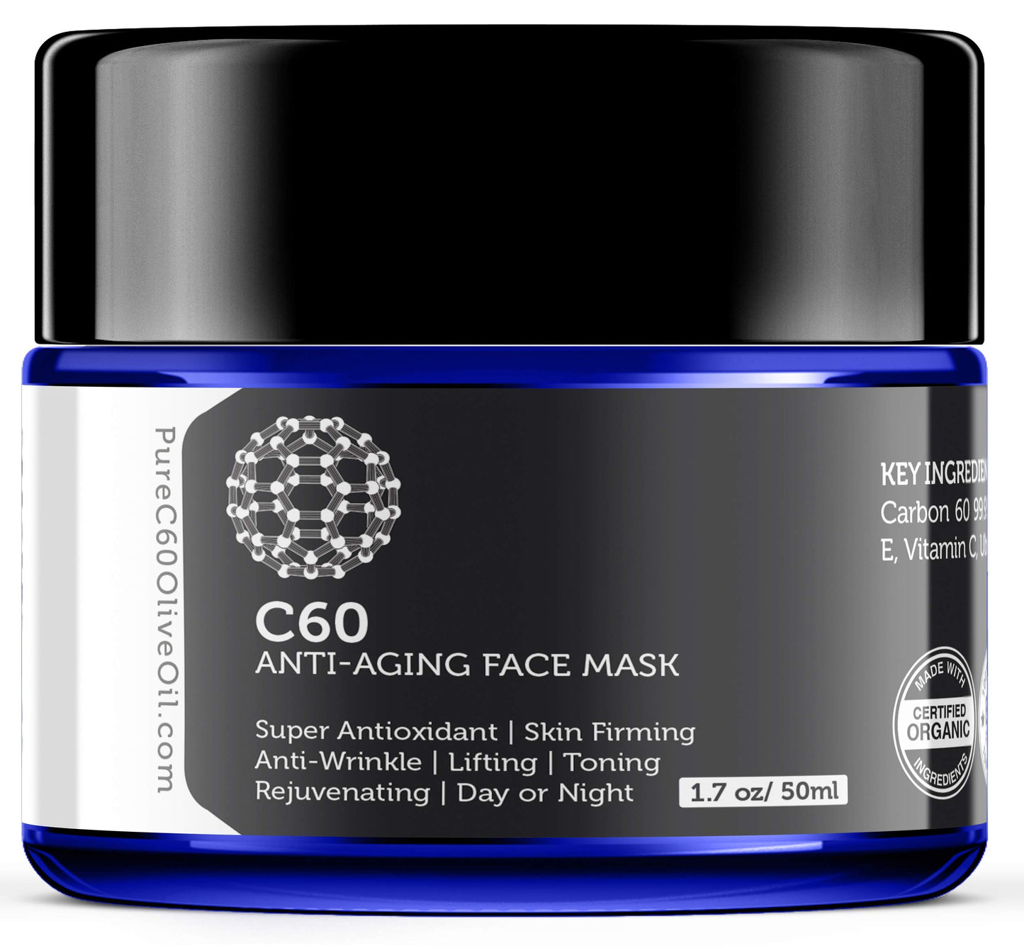 PureC60OliveOil.com C60 Anti-Aging Face Mask 50ml with Green Tea, Aloe, Ubiquinone (CoQ 10), Vitamin E and Vitamin C for Men & Women Made with Organic Ingredients - From The Leading Global Producer