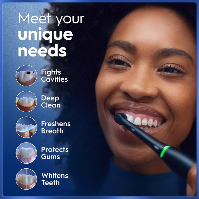 Oral-B Rechargeable Electric Toothbrush - iO5 Deep Clean & Whiten, 5 Modes, Visual Pressure Sensor | Black, Travel Case, 3 Heads