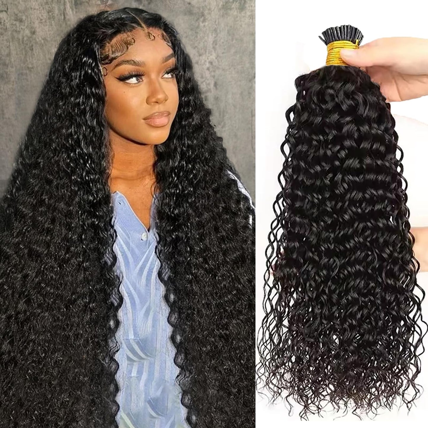 Kinky Curly I Tip Human Hair Extensions 0.5g/s 100 Strands 50g/pack Keratin Cold Fusion I Tip Hair Extensions Hair Piece #1B Natural Black Pre Bonded Itips Hair, 2-3 Packs for Full Head 18in