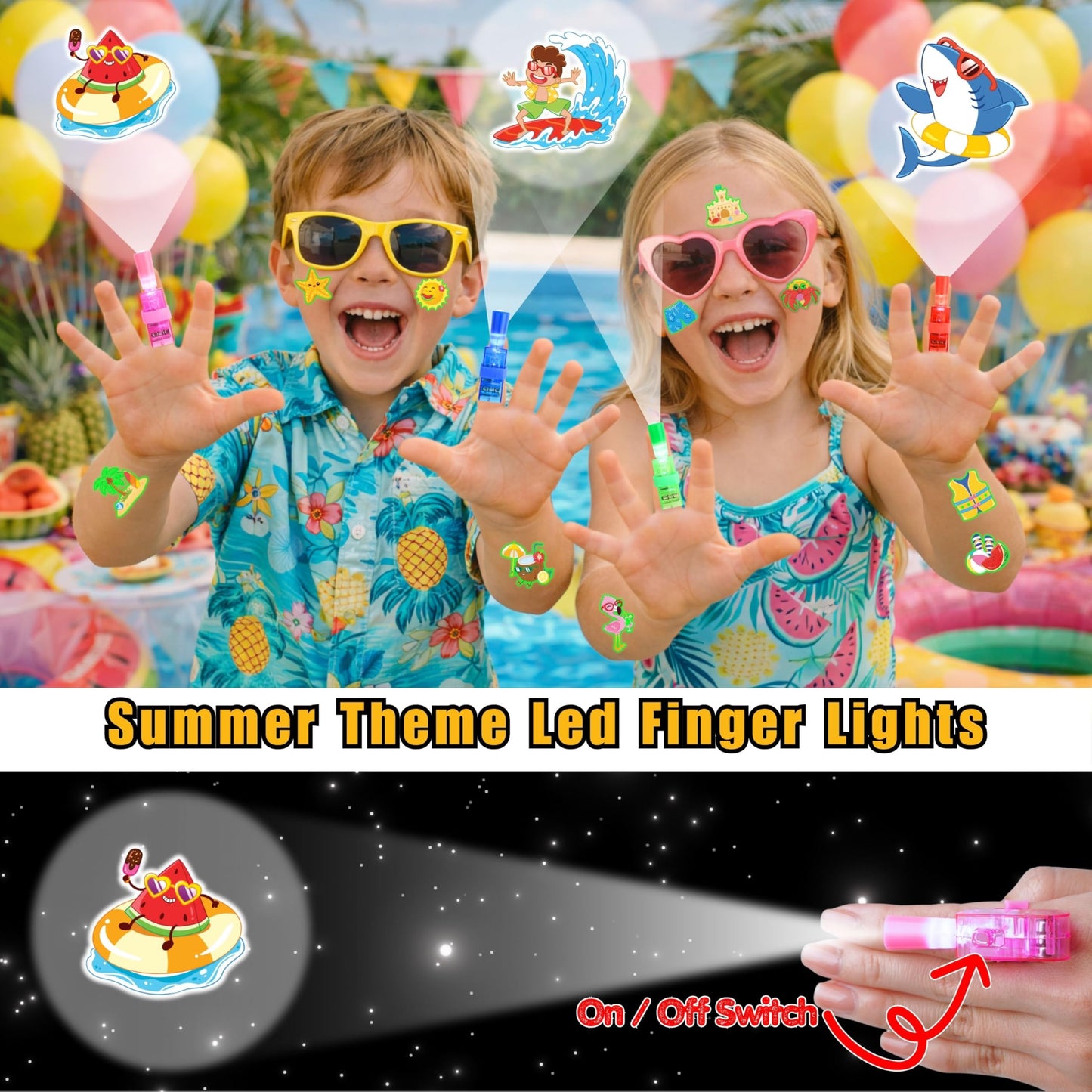 72 PCS Summer Glow in The Dark Party Favors for Kids – 48 Luminous Tattoos & 24 LED Finger Lights, Birthday Goodie Bag Fillers, Pinata Stuffers, Neon Party Supplies for Boys & Girls