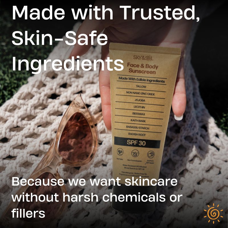 Sky and Sol Natural Mineral Sunscreen SPF 30 3 oz: Natural Tallow & Zinc Oxide, Reef Safe, Water Resistant, Fragrance-Free, Non-Greasy Formula for Face and Body