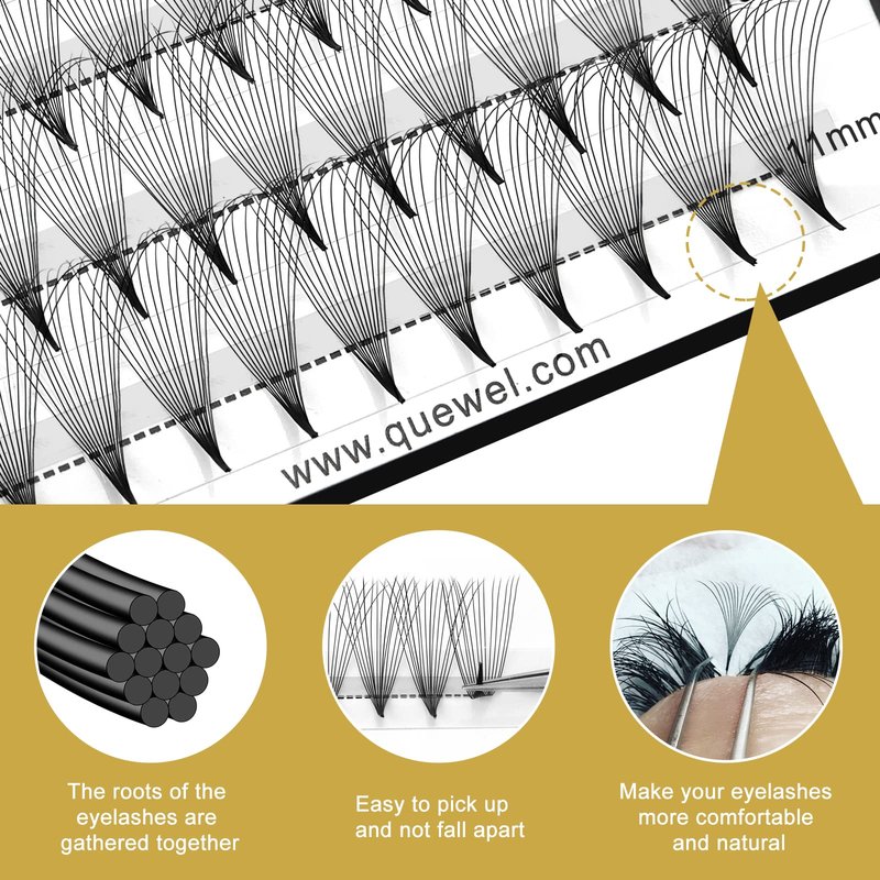 QUEWEL Premade Fans Middle Part 3D ～ 10D 12D 14D | 0.05/0.07/0.10 | Curl C/D | 10-18mm Length | Long Lasting Easy Application Long Stem Russian Volume Eyelash Extensions (14D-0.05C-11)