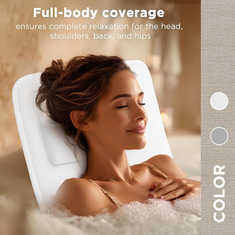 Full Body Bath Pillow - Extra Thick 4D Air Mesh Spa Pillow for Head, Neck & Back Support | Non-Slip Suction Cups, Fits All Tubs - White